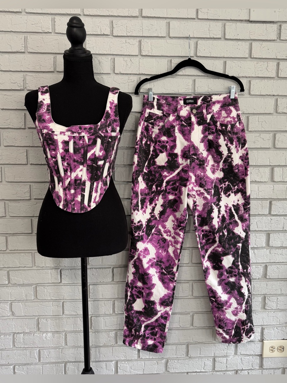 Complete Corset Top & Pants Set s36/M Women Style RARE Purple/White Straight Leg